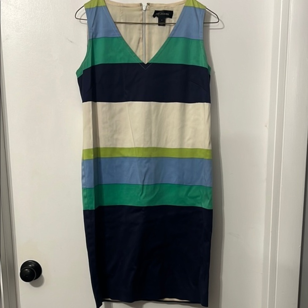 St. John Teal Navy‎ Beige Color Block Knee-Length Dress